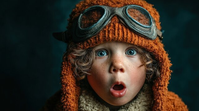 Close-up portrait of a child wearing an aviator costume, eyes wide with surprise - Powered by Adobe