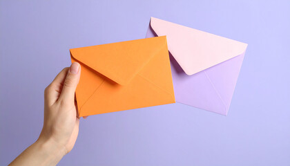 Colors of Correspondence: An individual gently grasps an orange envelope against a complementary backdrop, with a soft purple envelope in the background.