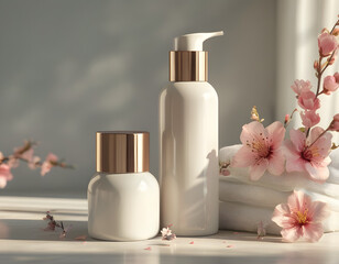 Two white cosmetic bottles with gold accents sit beside folded towels and pink cherry blossoms in a bright, spa-like setting.
