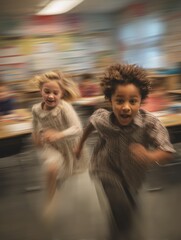 Fototapeta premium Children Running and Playing in Classroom Environment with Motion Blur Effect