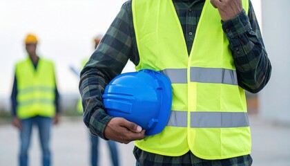 Construction Worker Holding a Blue Hard Hat, On-site Safety Gear Inspection, Construction Team Meeting