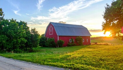 Picturesque Red Barn at Sunset with Wispy Clouds, Serene Country Landscape with a Classic American Barn and Golden Hour Sunlight