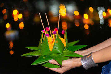 Loy Krathong Traditional Festival, Thai woman hold kratong, Thailand, Asia woman in Thai dress...
