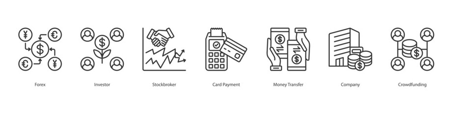 Investment Network banner web icon set vector illustration concept with icon of forex, investor, stockbroker, card payment, money transfer, company, crowdfunding