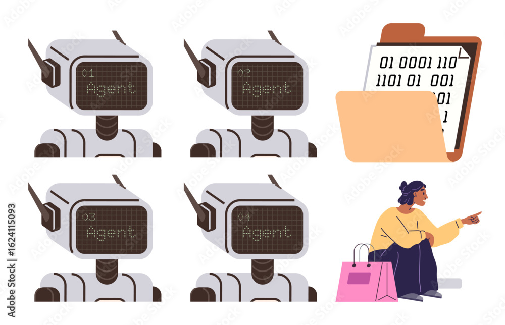 Poster four robotic heads labeled as agents, a data file folder, and a shopper with bags pointing suggest a