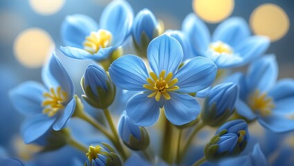 Fototapeta premium Close up of delicate blue flowers with yellow centers and soft bokeh background petals