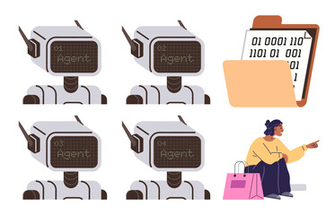 Four robotic heads labeled as agents, a data file folder, and a shopper with bags pointing suggest AI-driven retail automation. Ideal for technology, retail trends, data, robotics, automation, AI
