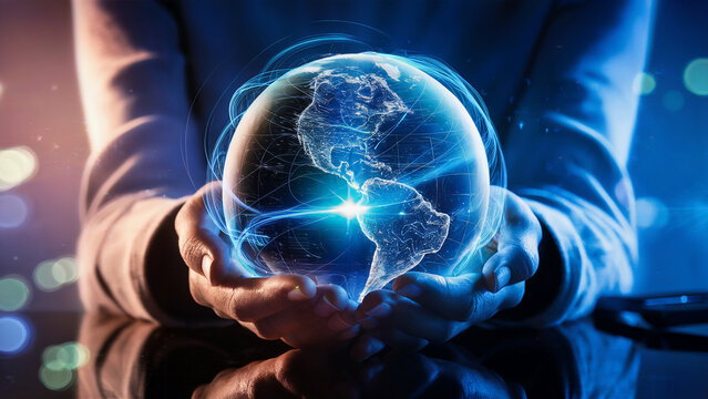 Hands Holding Glowing Digital Earth with Network Lines