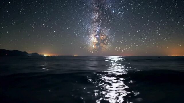 A peaceful nighttime ocean scene under a starry sky, with the Milky Way galaxy clearly visible across the horizon