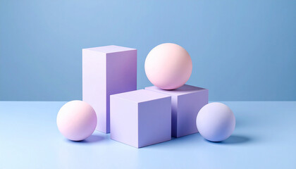 Geometric Composition: A minimalist arrangement showcasing a display of pastel-colored geometric shapes, creating an aesthetically pleasing visual with their vibrant.