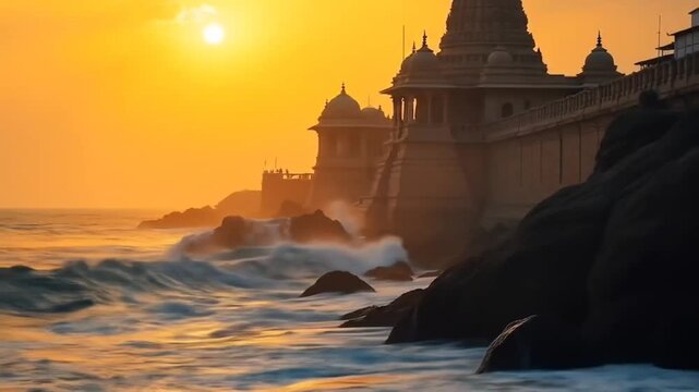 Somnath Temple on the Arabian Sea coast during golden hour, waves crashing near the temple base, sandstone architecture glowing in sunlight, flags fluttering atop the ... See More