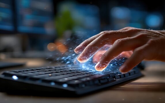 Hand typing on glowing keyboard