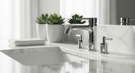 Fototapeta premium Modern Bathroom Sink with Chrome Faucet and Plants