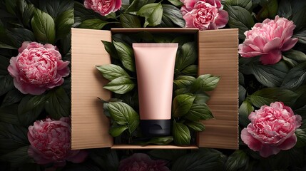 Pink cream tube in open box, surrounded by peonies