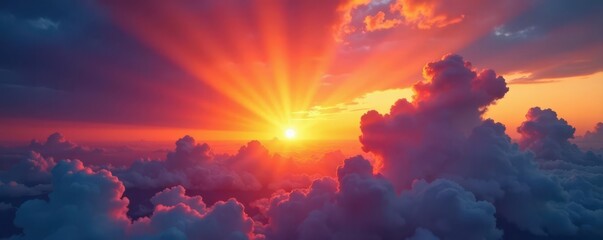 Naklejka premium Blazing sunset with streaks of color across a breathtaking cloud formation , light, sun