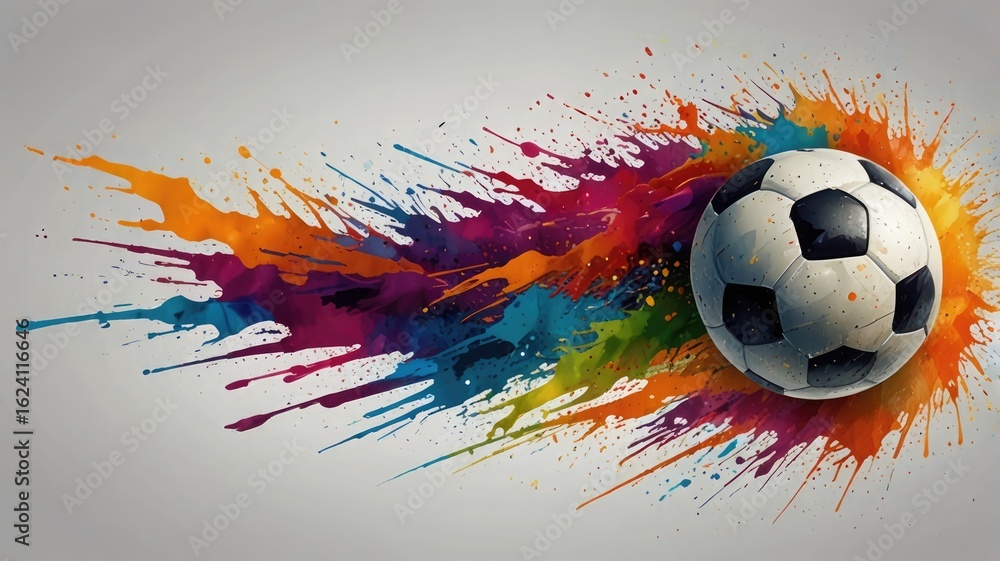 Aufkleber a soccer ball with a colorful splash effect emanating from it, creating a dynamic and artistic visua