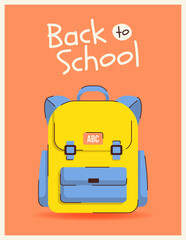 Colorful back to school vertical banner with school bag, backpack and text. Vertical template for education designs. Flat vector illustration