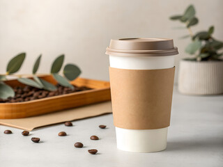 cup Ideal for branding, design presentation, or advertising. Closeup of a disposable coffee cup with a blank cardboard sleeve on a light background. cup mockup