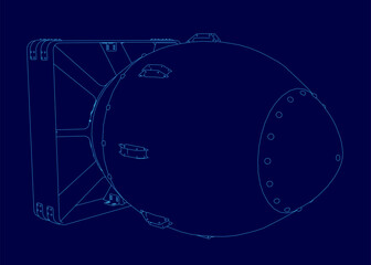 A large metal fan drawn in atomic bomb contour style dominates a blue background, evoking industrial power and retro-futuristic aesthetics. Bold monochromatic lines highlight intricate mechanical.