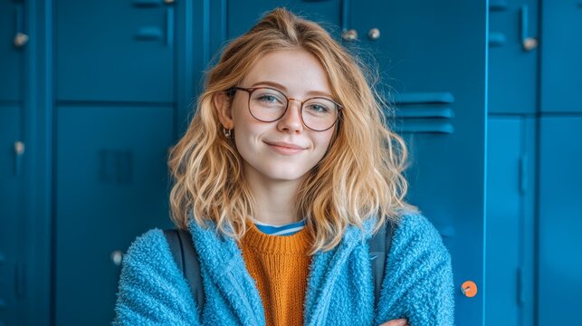Young Female Student Smiling in Front of Blue Lockers with Casual Outfit and Glasses