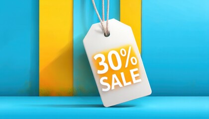 Hanging sale tag on bright backdrop
