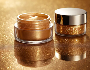 Two small jars of golden shimmering cosmetic product, one open and one closed, reflecting on a glittering gold surface.