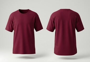 Front and back view of a blank oversized maroon tee shirt. Clean cotton apparel mockup floating on a plain studio background.