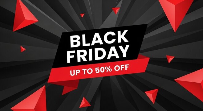 Photo of bold black friday advertisement with up to 50 percent off sale with red geometric shapes