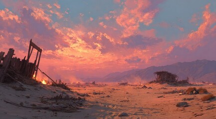 Desolate desert landscape at sunset, showing ruined structures and a dramatic sky