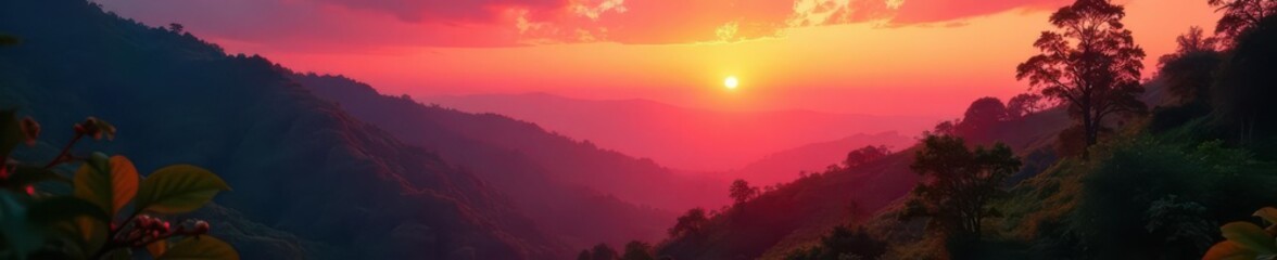 Crimson sunrise silhouettes coffee plants in misty valley Lush foliage, dramatic light , silhouette, crimson