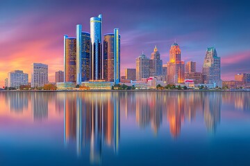 Obraz premium Detroit Skyline at Sunset Reflective Cityscape with Vivid Colors Waterfront View.