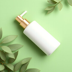 White cosmetic bottle with a gold pump surrounded by green leaves on a light green background.