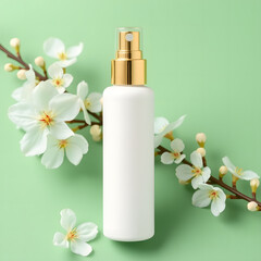 A white spray bottle with a gold nozzle is centered, surrounded by flowering branches on a light green background.