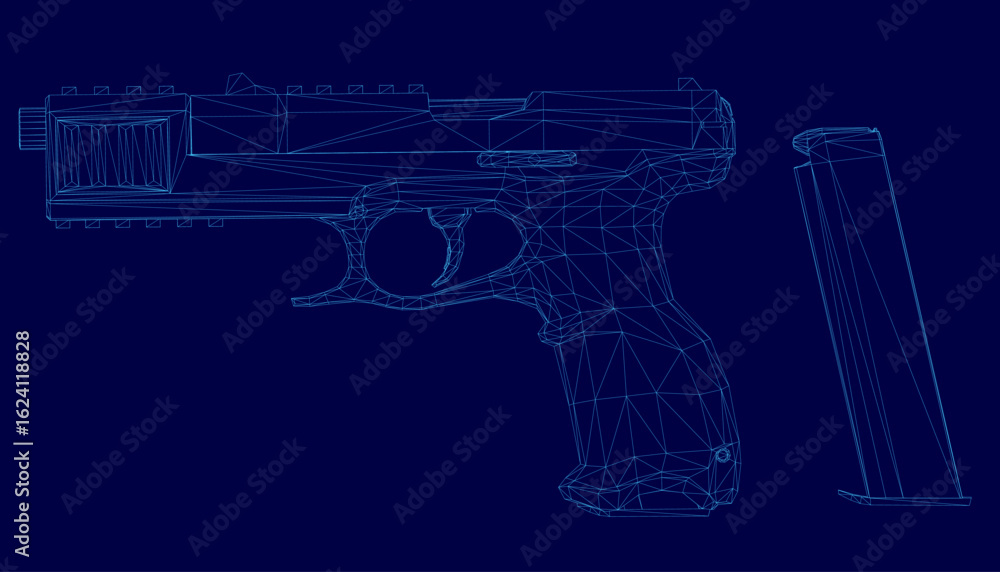 Poster a 3d wireframe blueprint of a handgun stands out against a solid blue background. the detailed rende