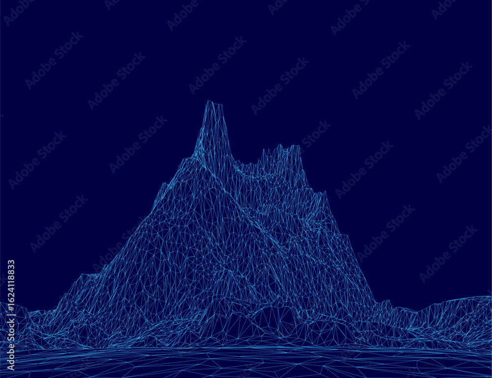Poster low polygonal mountain with a blue background features intricate wireframe design composed of geomet