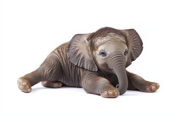 Fototapeta premium Baby Elephant Resting on White Background