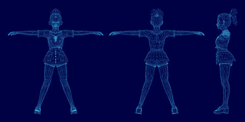 A 3D wireframe model of a woman in a dress stands with arms outstretched against a blue background. The detailed mesh structure highlights realistic human anatomy. © German Ovchinnikov