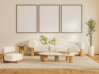 Modern Living Room with Three Vertical Framed Posters Above Sofa – Wall Art Mockup Interior