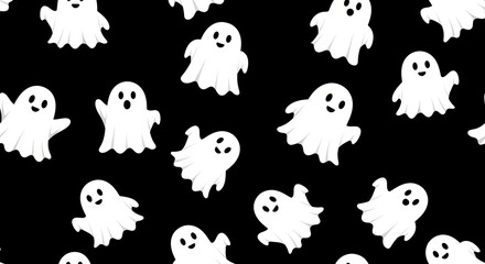 Photo of a cute and spooky seamless pattern of white ghosts on a black background perfect for halloween themed designs and decorations