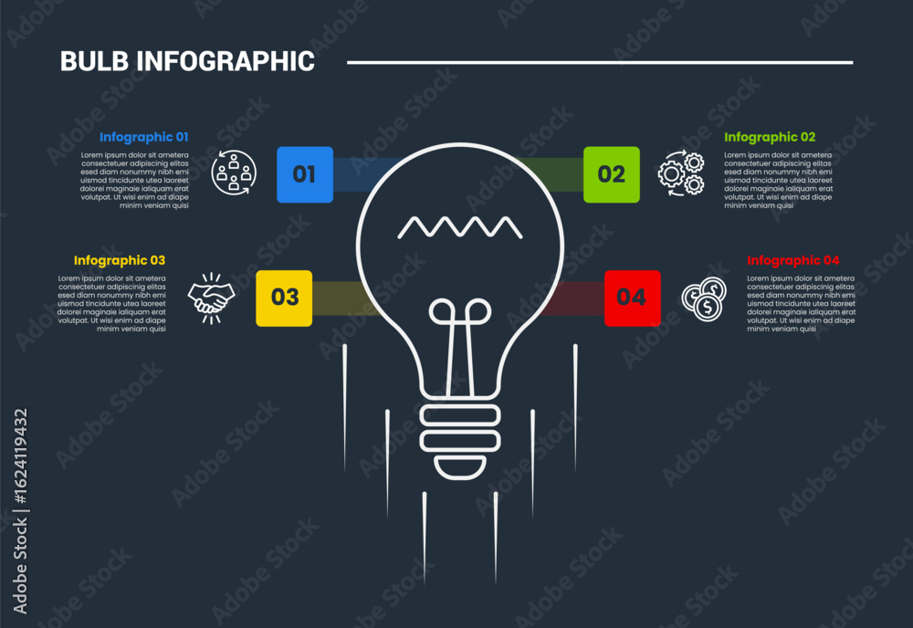Poster bulb creative idea solution infographic process diagram with round square point with quadrant struct