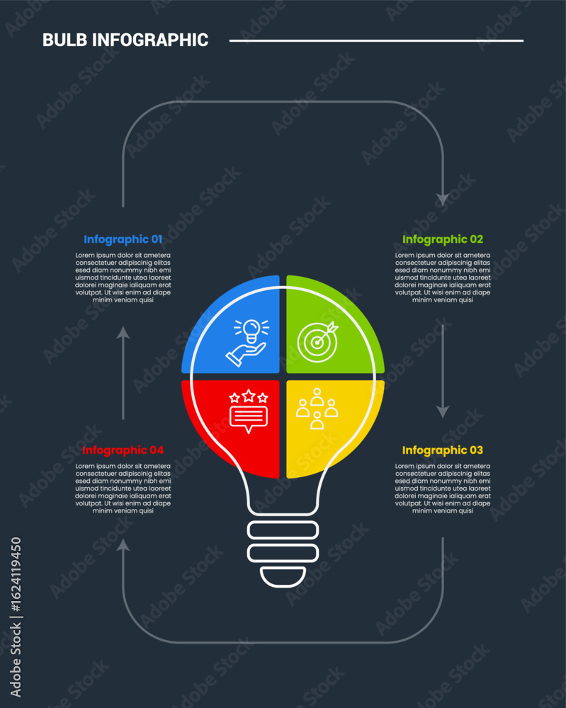 Poster bulb creative idea solution infographic process diagram with big bulb with piechart main shape with 