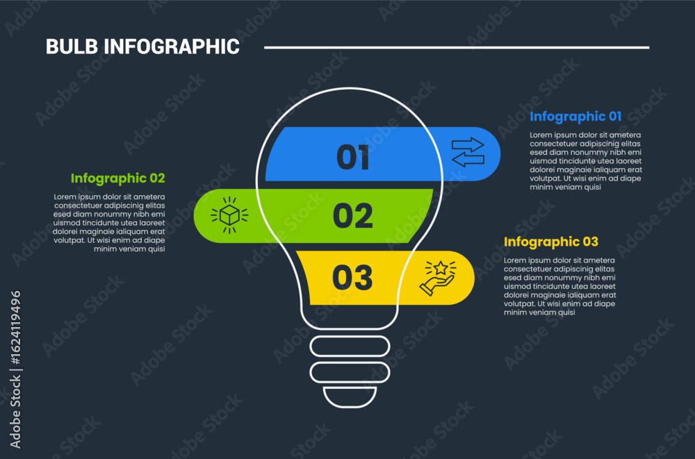 Poster bulb creative idea solution infographic process diagram with big bulb and round rectangle layer stac