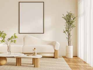 Scandinavian Sofa with Single Framed Poster and Tall Plant – Natural Light Mockup Scene