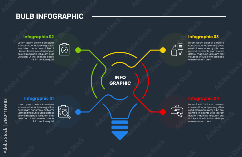 Poster bulb creative idea solution infographic process diagram with bulb line with dot circle edge with dar