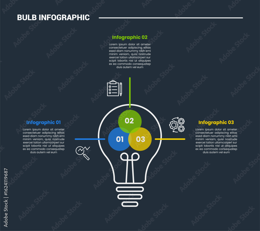 Aufkleber bulb creative idea solution infographic process diagram with circle venn composition inside with dar