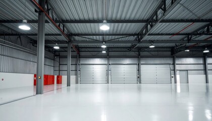 Spacious Industrial Warehouse Interior with Roll-Up Doors and Modern Lighting, Bright and Clean Warehouse Interior Featuring Ample Space and Efficient Design