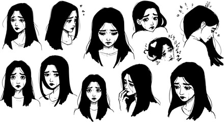 Studies of a crying woman's expressions, showcasing various states of sadness, despair, and emotional distress in black and white line art.