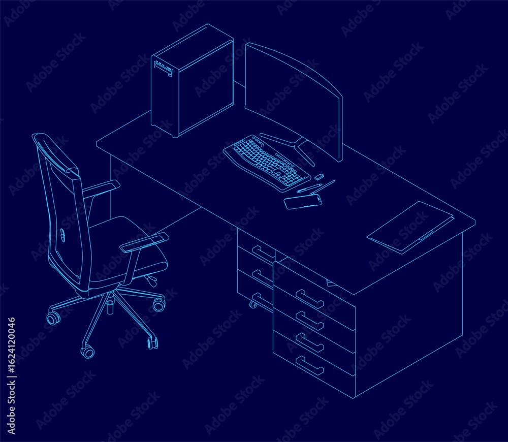 Poster a modern blue computer desk with a monitor, keyboard, mouse, and cpu arranged neatly for work. the c