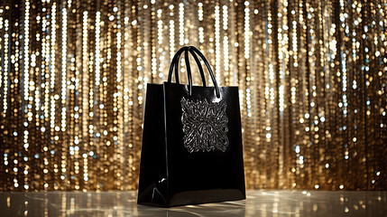 A glam-themed backdrop with gold sequin walls and a black shopping bag placed slightly askew, silver embossed text reflecting lights, high contrast image,