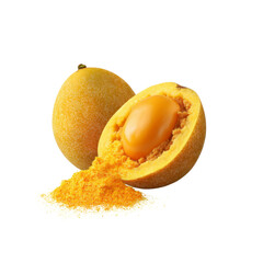 Fresh Organic Lucuma Fruit with Powder, Cut Open Showing Seed and Pulp
